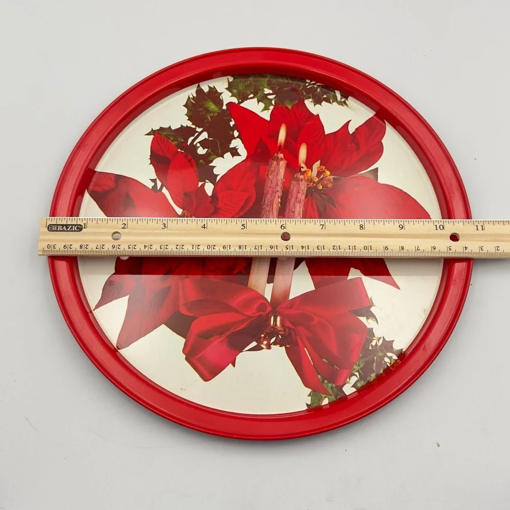 Vintage Christmas Poinsettia Round Metal Tin Serving Tray Red‎ Rim Holiday 11